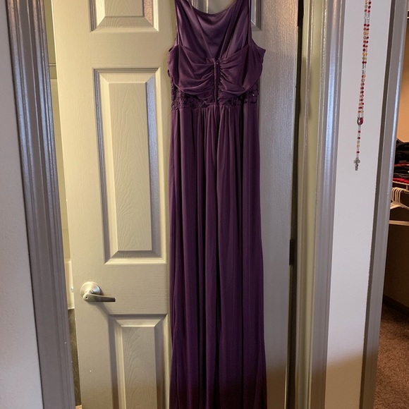 David’s Bridal Long Bridesmaid Dress Plum w/slit - Picture 2 of 4